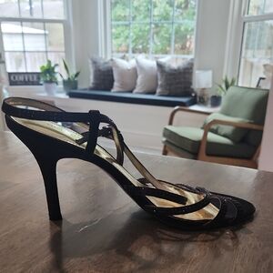 Nine West Black Vivienne Strappy Heels Sparkle Sz 8.5 Satin Leather